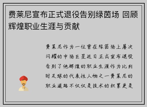 费莱尼宣布正式退役告别绿茵场 回顾辉煌职业生涯与贡献 费莱尼宣布正式退役告别绿茵场 回顾辉煌职业生涯与贡献